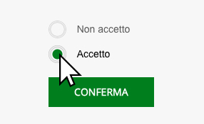 Cursore del mouse che seleziona la voce ‘Accetto’, precedentemente non selezionata, e bottone di Conferma attivo.